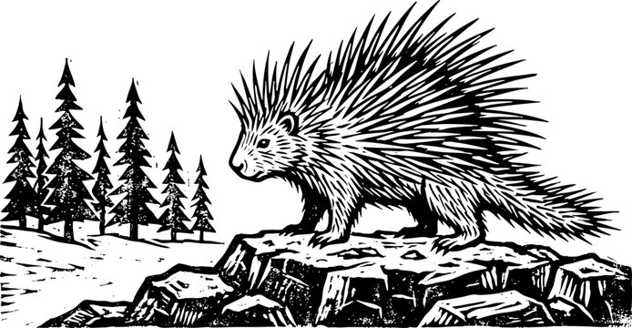 Porcupine standing on rocks in forest woodcut illustration