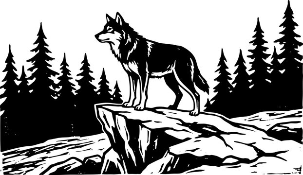 Wolf standing on a cliff in a pine forest woodcut illustration
