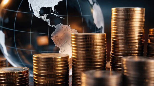 Stacked gold and silver coins with a glass globe in the background representing global finance, international economy, investment growth, wealth and monetary markets