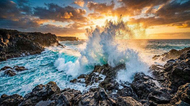 Ola explosiva chocando contra rocas volc&aacute;nicas oscuras en una costa salvaje de verano, con luz de contraluz creando un halo dorado.
