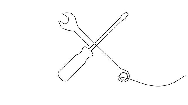 Self drawing line animation screwdriver and wrench tools, One animated mechanical wrench for nuts drawn in one continuous line black color isolated on white