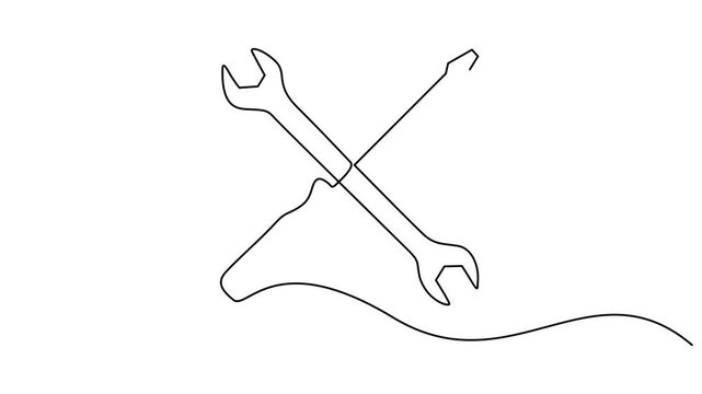 Self drawing line animation screwdriver and wrench tools, One animated mechanical wrench for nuts drawn in one continuous line black color isolated on white