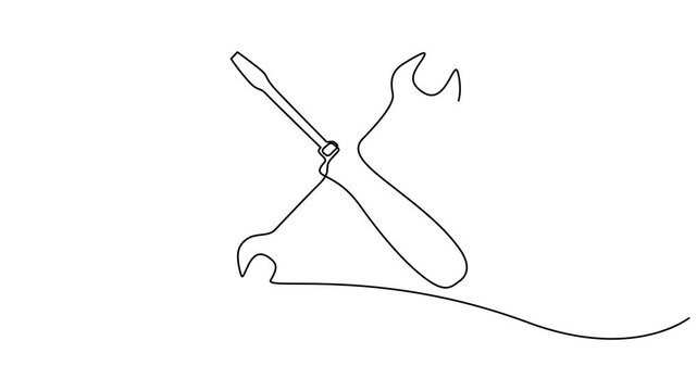 Self drawing line animation screwdriver and wrench tools, One animated mechanical wrench for nuts drawn in one continuous line black color isolated on white