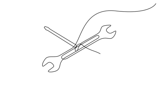 Self drawing line animation screwdriver and wrench tools, One animated mechanical wrench for nuts drawn in one continuous line black color isolated on white