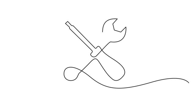 Self drawing line animation screwdriver and wrench tools, One animated mechanical wrench for nuts drawn in one continuous line black color isolated on white