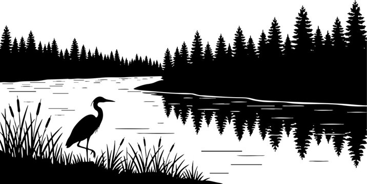Heron silhouette in a pine forest river landscape