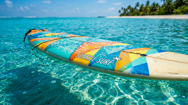 Detalle de una tabla de surf de colores flotando sobre agua tropical cristalina con patrones de luz solar y texturas de agua ultradetalladas.
