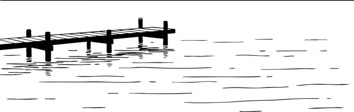 Minimalist black and white sketch of a wooden pier on water