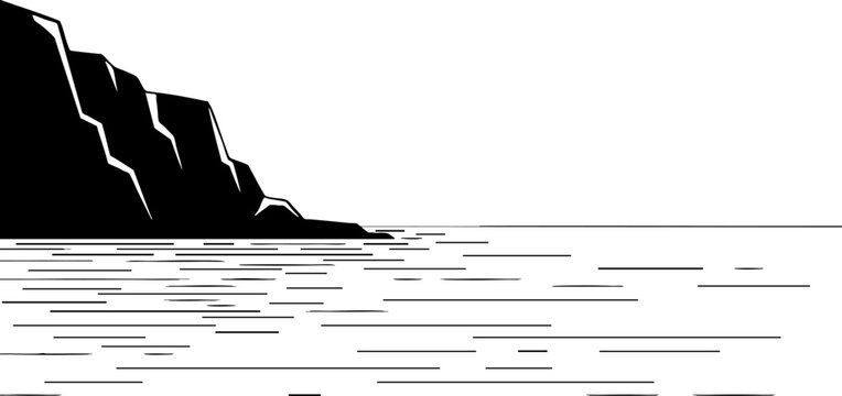 Minimalist Black and White Cliff by the Sea Illustration
