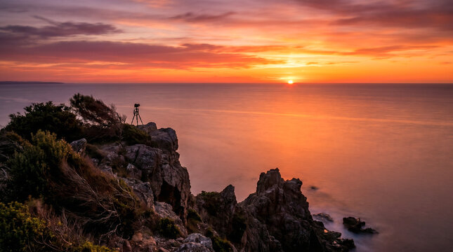 Puesta de sol desde un acantilado costero sobre un mar en calma en verano, con el agua pintada de naranja y rojo y larga exposici&oacute;n suavizando las olas.