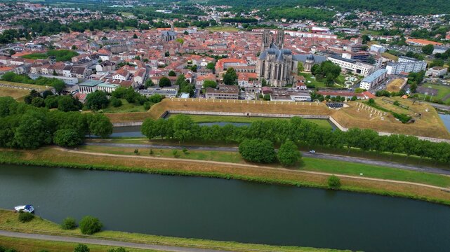Panoramic aerial view around the old town of the city Toul in France on a sunny spring afternoon