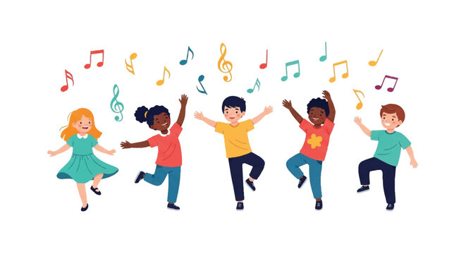 Joyful group of people dancing together with colorful music notes and lively movement.