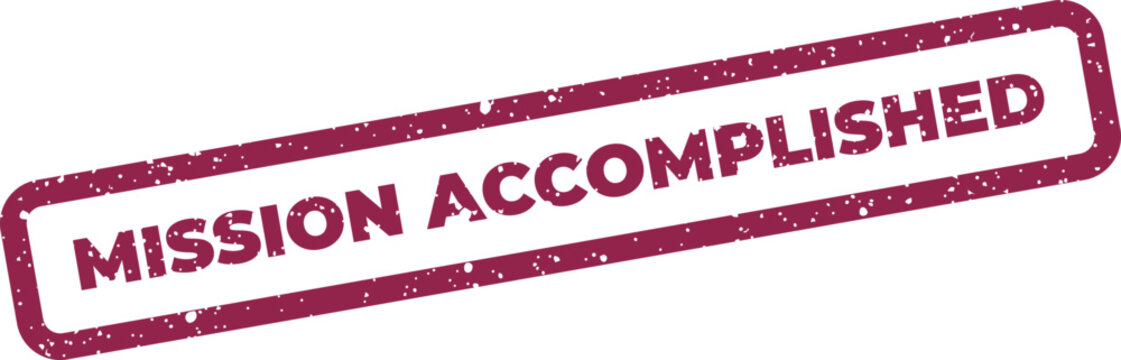 Angled rubber stamp icon featuring bold text mission accomplished in rectangle frame with rough texture