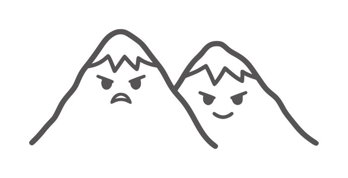 Two cartoon mountains with angry and mischievous faces