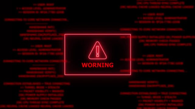 Red Exclamation Mark Warning Symbol data breach alert Neon Sign. Digital glitch effect overlaying a red warning sign within a code editor displaying C++ syntax