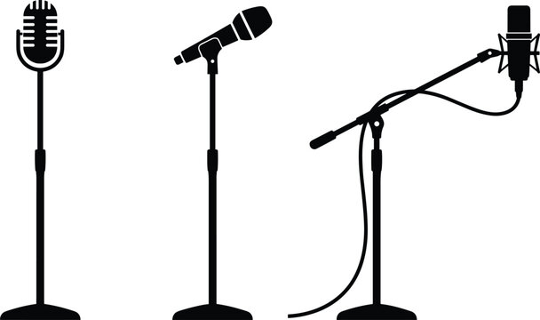 Set of professional studio and stage microphones on stands silhouettes isolated on white background