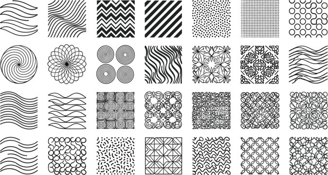Zentangle Seamless Pattern and Geometric Line Texture Swatch Set with Mandala Waves Chevrons and Abstract Optical Art Graphics Vector for Textile Design