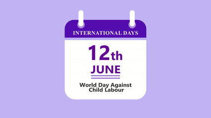 Fototapeta premium Child labor awareness calendar interface featuring 12th June World Day Against Child Labour with clean minimal date layout on purple background 4k animation video