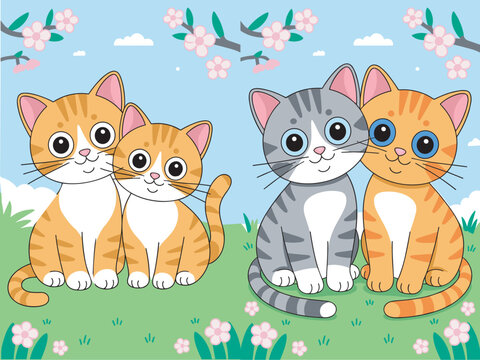 Cute cartoon cat pairs in spring garden with flowers and adorable kitten friends vector illustration