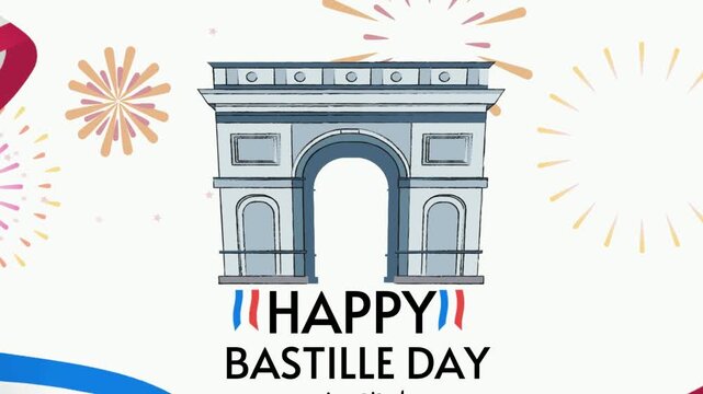 Bastille Day monument illustration features the iconic architectural landmark of Paris surrounded by festive fireworks and decorative elements celebrating the French national holiday with joy.