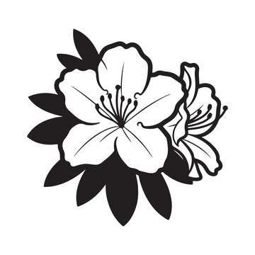 Black and white vector illustration of a blooming flower with leaves for minimalist botanical line art and floral silhouette design