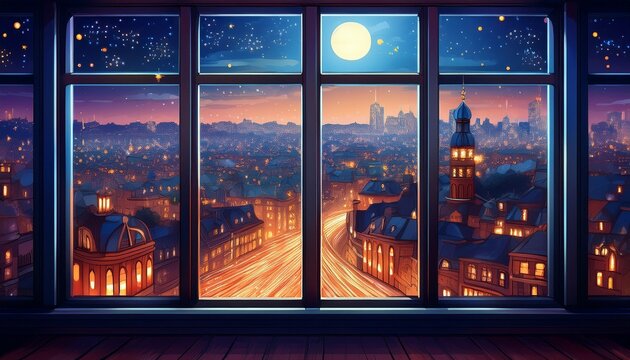 a window view of a city at night with the lights on generative ai