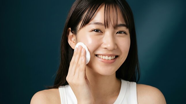 young woman applying skincare with cotton pad beauty and wellness