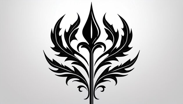 black silhouette of a decorative trident with leaf on white background