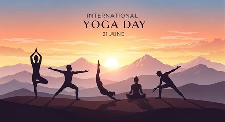 Fototapeta premium International yoga day celebration silhouette yoga poses at sunrise in mountain landscape