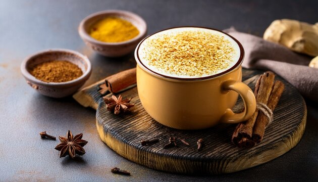 golden latte in ceramic mug with spices