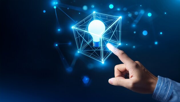 hand interacting with glowing idea lightbulb cube symbolizing innovation digital solutions and creative business strategy for future technology concepts