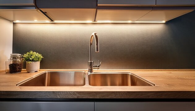 modern kitchen countertop with sink and ambient lighting