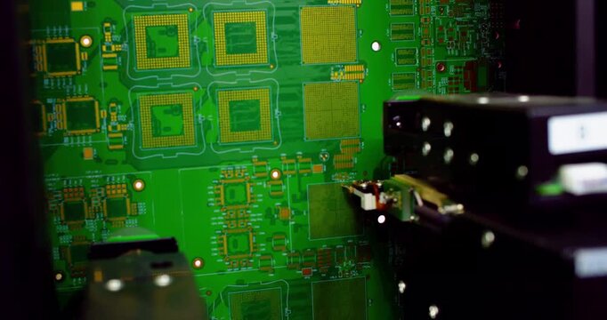 Extreme close-up of a high-tech robotic testing arm conducting quality control on a printed circuit board (PCB). Automated electronics manufacturing, artificial intelligence in industry