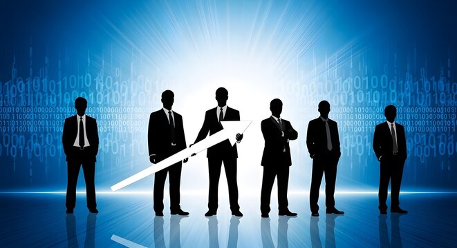 Silhouettes of businessmen in suits holding a white arrow against a blue binary code background