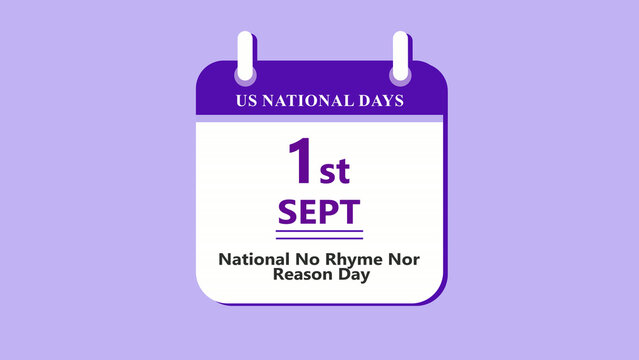 Language creativity calendar interface showing 1st September National No Rhyme Nor Reason Day with clean minimal date layout and wordplay theme on purple background 4k animation video