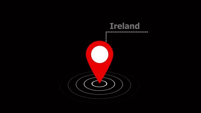 location of the city of ireland on black screen. Country GPS location tracking icon. location pin appearing. pin to indicate the route and location on the video maps. on a black background
