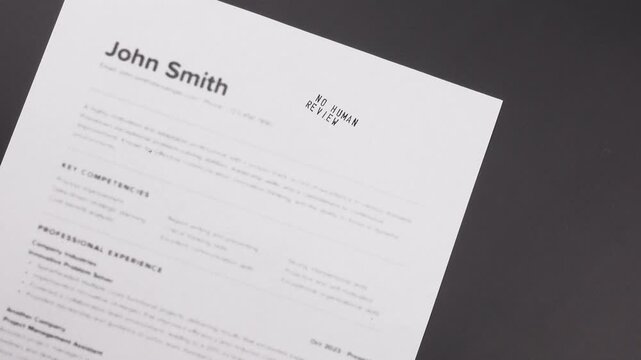 No Human Review stamp on fake Fake mock CV (curriculum vitae) resume, concept of fully automated ATS screening, AI-only filtering,and no recruiter involvement.