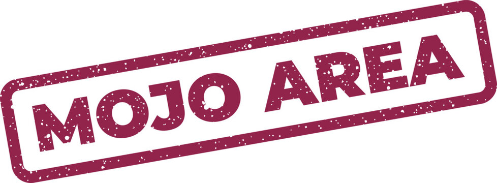 Distressed rubber stamp design reading mojo area with a worn texture for creative workspace labeling purposes