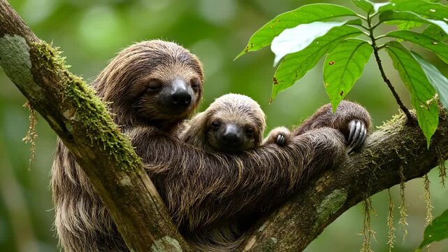 Mother sloth hugs baby sloth in vibrant rainforest. Lush green foliage creates serene atmosphere. Concept of wildlife conservation, family bonds, animal care