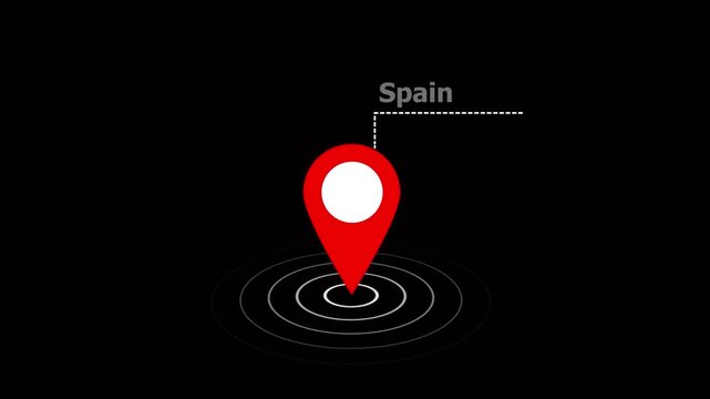 location of the city of spain on black screen. Country GPS location tracking icon. location pin appearing. pin to indicate the route and location on the video maps. on a black background