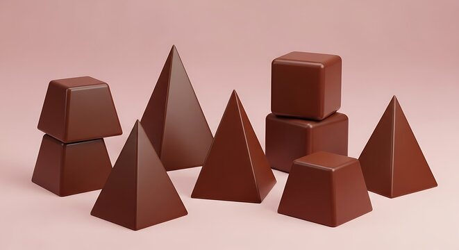 Set of brown geometric shapes including cubes and pyramids displayed on a soft pink surface