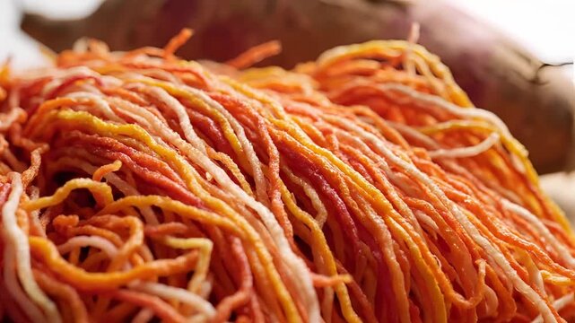 Close up of vibrant orange sweet potato noodles drying in the sun.