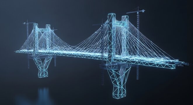 3D wireframe model of a suspension bridge structure