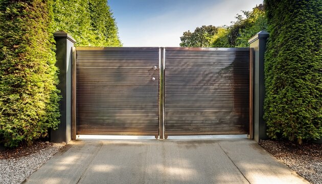 a modern metallic gate with horizontal slats opens onto a smooth driveway green foliage surrounds
