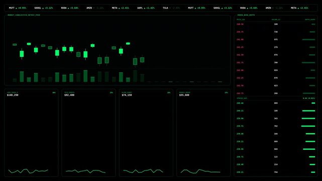 Dynamic motion of digital data streams and glowing green code sequences in futuristic technology visualization.