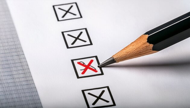 close up of a pencil pointing at a red circled f grade on a black and white test or answer sheet with checkboxes