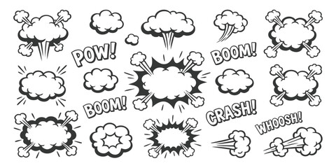 Set of comic book explosion speech bubbles and action sound effect text elements for graphic design projects © GraphixEra