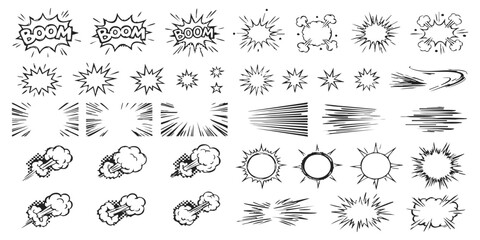 Set of black and white comic book style explosion effects and action speed lines for dynamic graphic design © GraphixEra