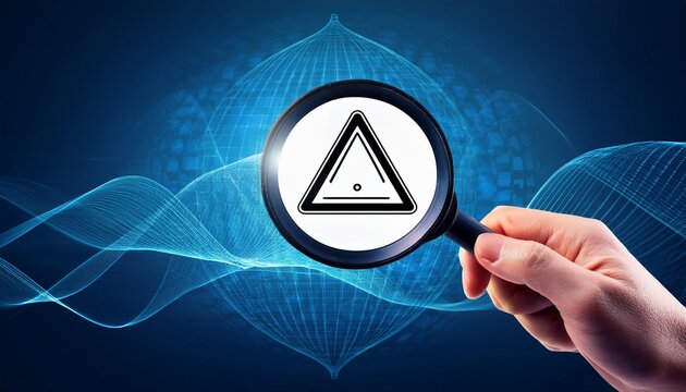hand holding magnifier over hazard sign superimposed on checkmarks against dark blue background