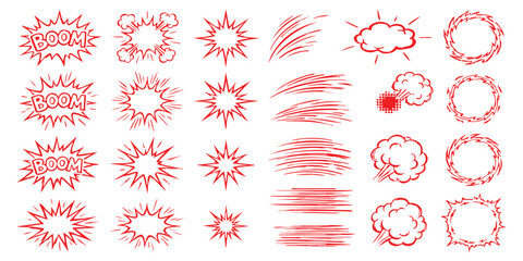 Set of comic book action explosion and motion speed line effects for graphic design and cartoon illustration © GraphixEra